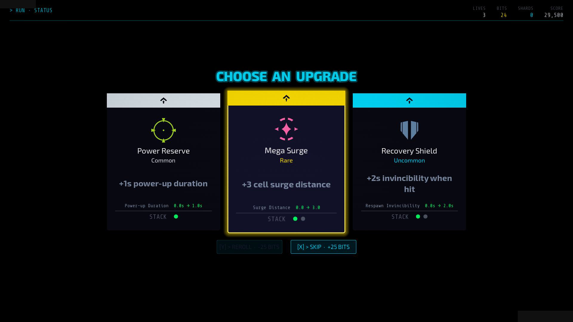 Choose an upgrade screen with rarity-tiered cards